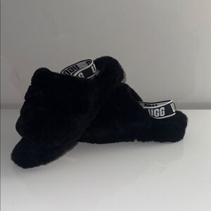 UGG Black Plush Slide Sandals with Branded Heel Strap